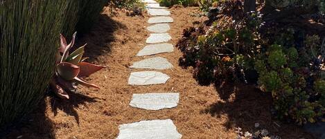 A garden pathway with stepping stones leading to a house.
