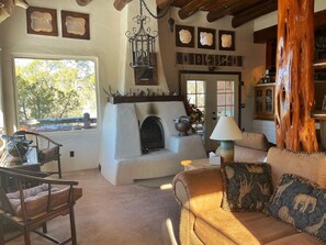 Fireplace, books
