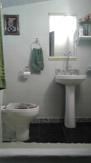 Een douche, een haardroger, zeep, toiletpapier