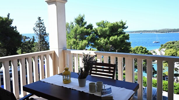 A balcony with a table, a potted plant, and a book titled "Fred Vargas". - Villa Malisko (Hvar)