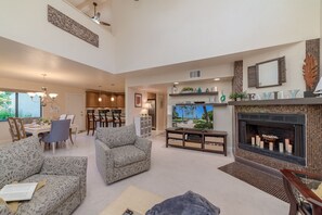TV, fireplace, DVD player, books