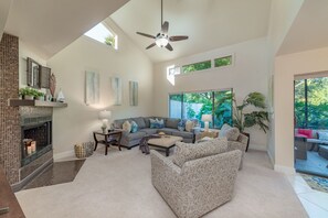 テレビ、暖炉、DVD プレーヤー、書庫