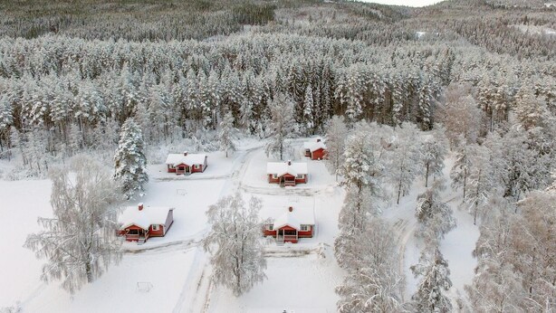 A remote cabin area with three red cabins surrounded by dense forest, covered in snow.