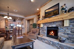 Smart TV, fireplace, books