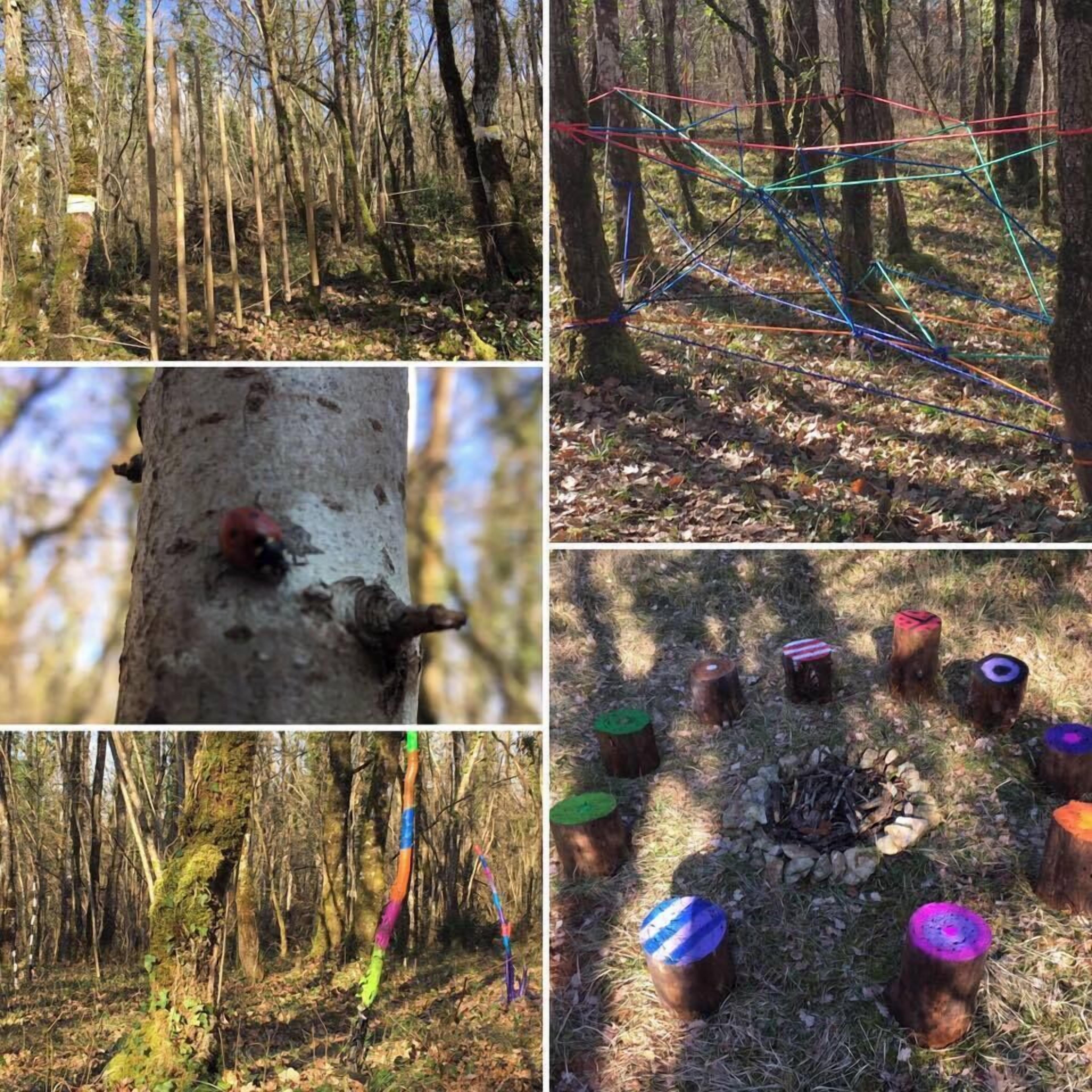 Un bosque con un puente colgante, un árbol con rostro tallado y tocones pintados de colores.