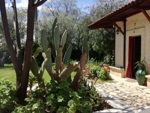 Ein Garten mit Kakteen und blühenden Pflanzen, einem Kiesweg und einem Gebäude mit Ziegeldach.