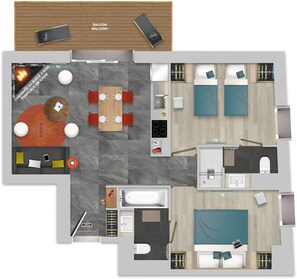 Apartment, 2 Bedrooms, Fireplace | Floor plan