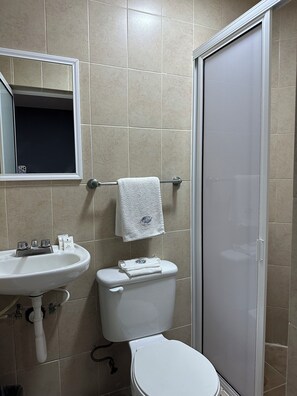 A bathroom with a sink, toilet, and a mirror. - Hotel Teresita (Puebla)