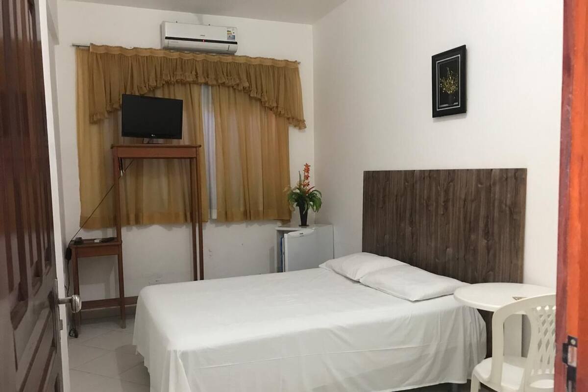 Quarto de hotel com cama, uma pequena mesa, cadeira, televisão, ar condicionado, planta e um quadro na parede.