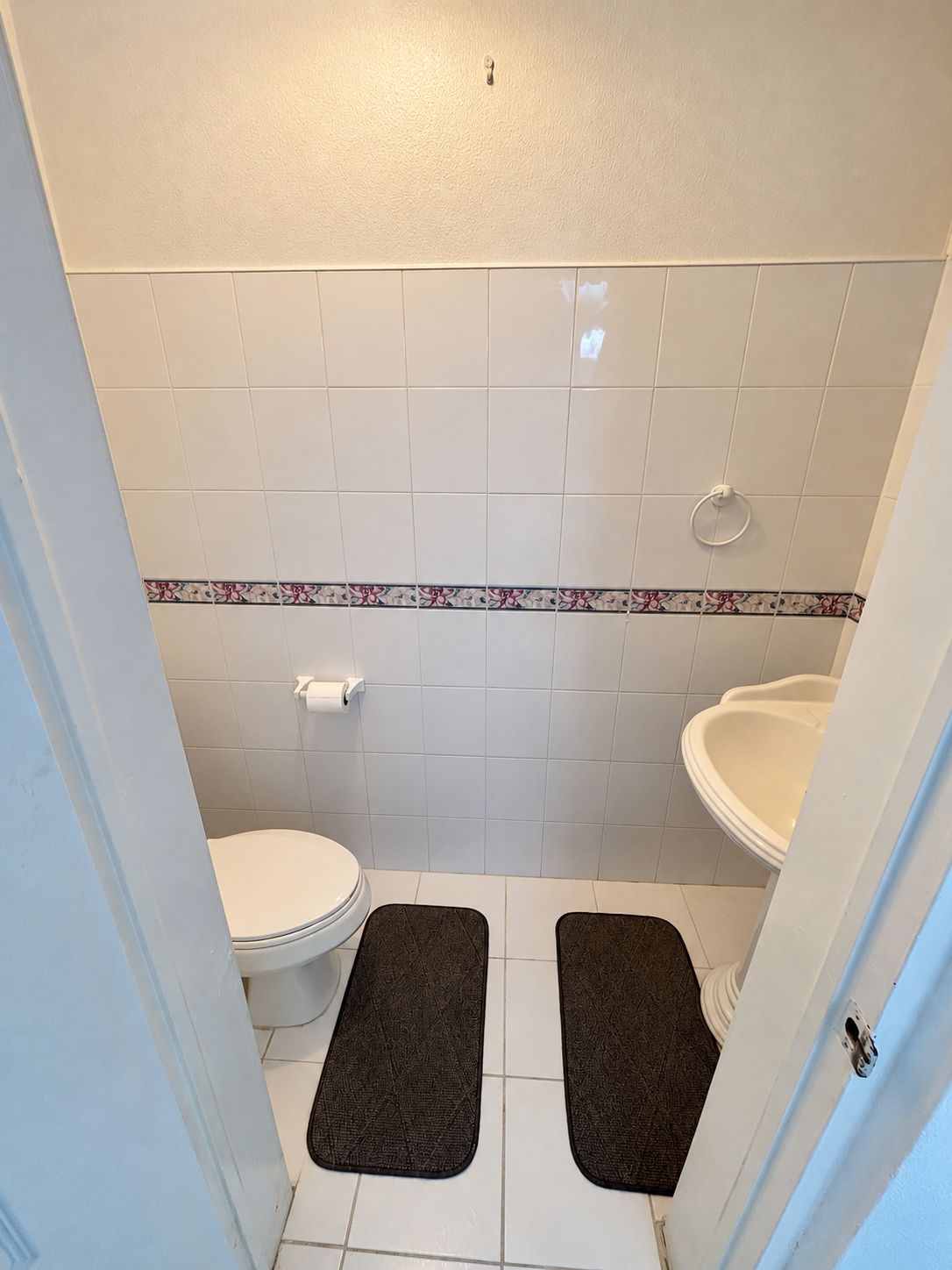 Ein kleines Badezimmer mit Toilette, Bidet und zwei dunklen Teppichen auf dem Boden.