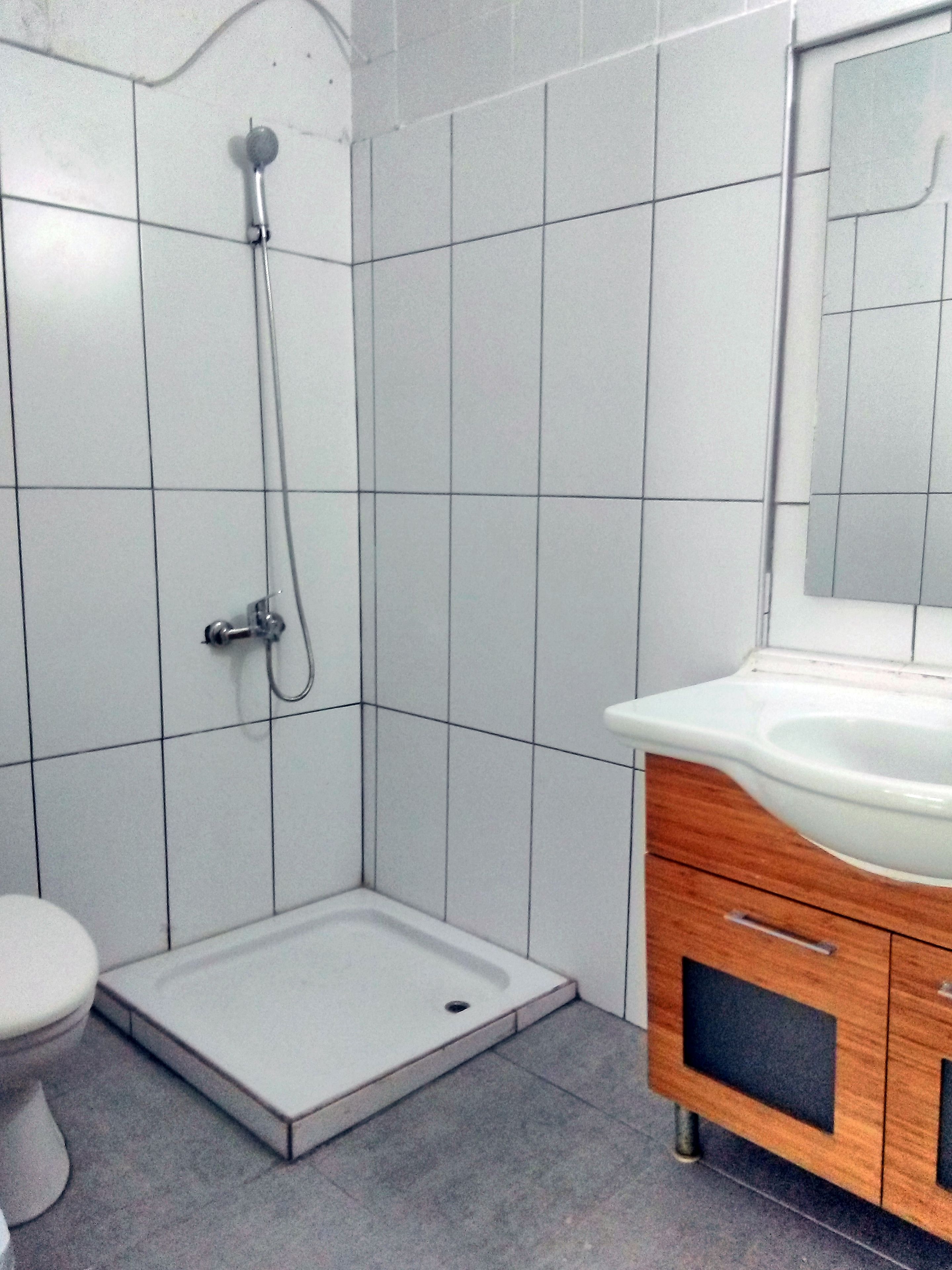 Ein Badezimmer mit Dusche, Toilette und Waschtisch.