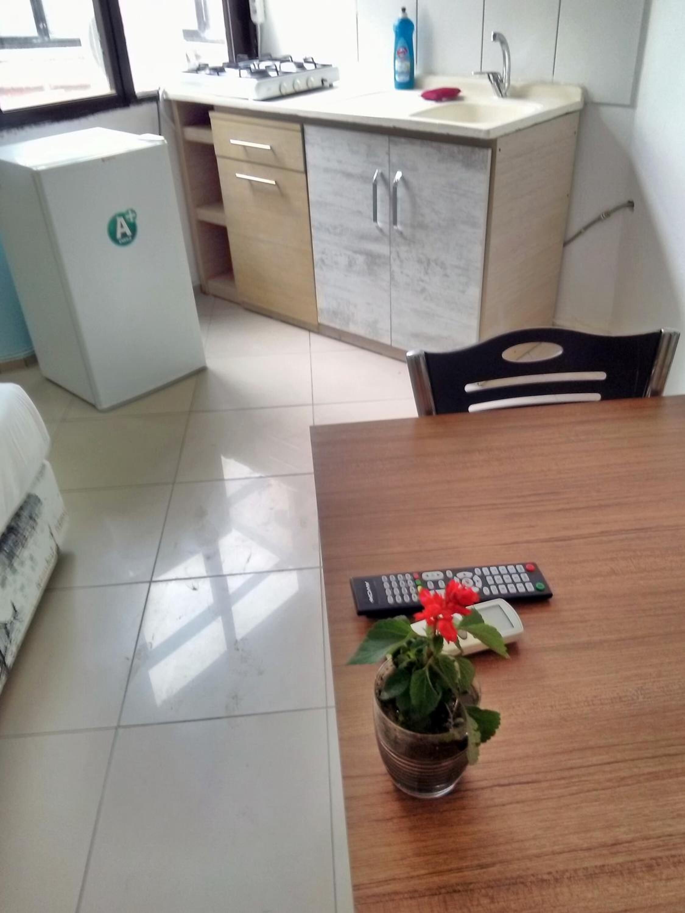 Uma cozinha compacta com pia, fogão e armários. Há uma mesa de jantar com um controle remoto e um vaso de planta.