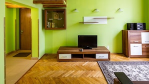Una habitación con un mueble de entretenimiento de madera, un televisor, un armario blanco y una alfombra estampada.