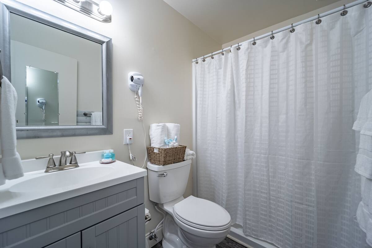 combined shower/bathtub, designer toiletries, hair dryer, towels