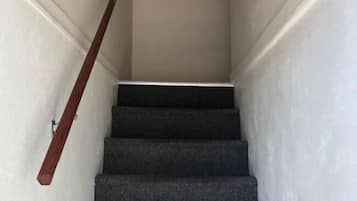 A staircase with carpeted steps and a wooden handrail, leading to a landing with a framed picture on the wall.