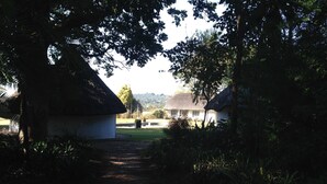 A pathway leading to a traditional thatched-roof house surrounded by lush greenery. - Borrowdale Country Manor (Harare)