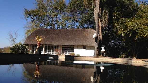 A house with a thatched roof, a swimming pool, and a reflection in the water. - Borrowdale Country Manor (Harare)