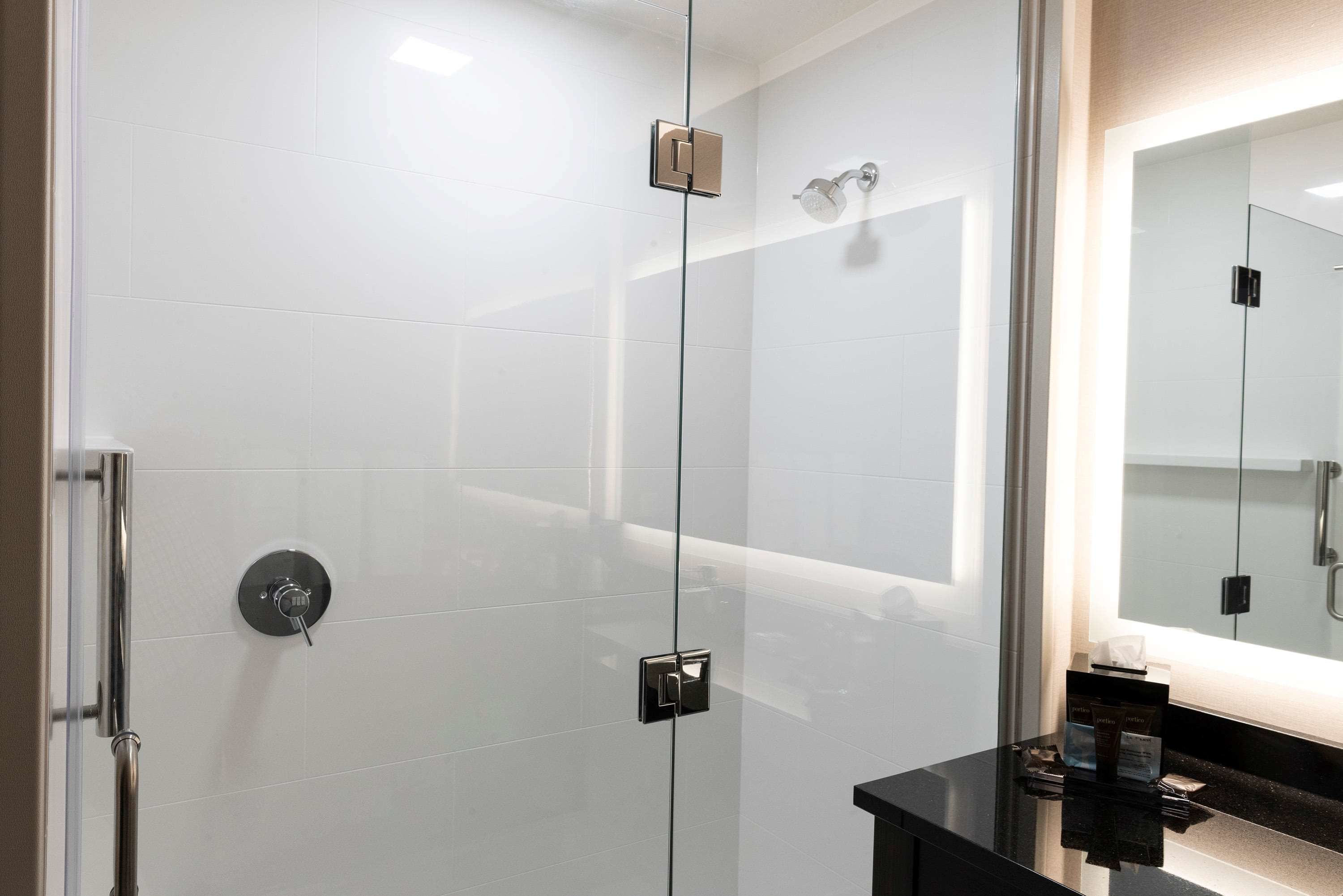 Ein modernes Badezimmer mit einer Duschkabine aus Glas, einer schwarzen Ablagefläche und einem großen Spiegel.