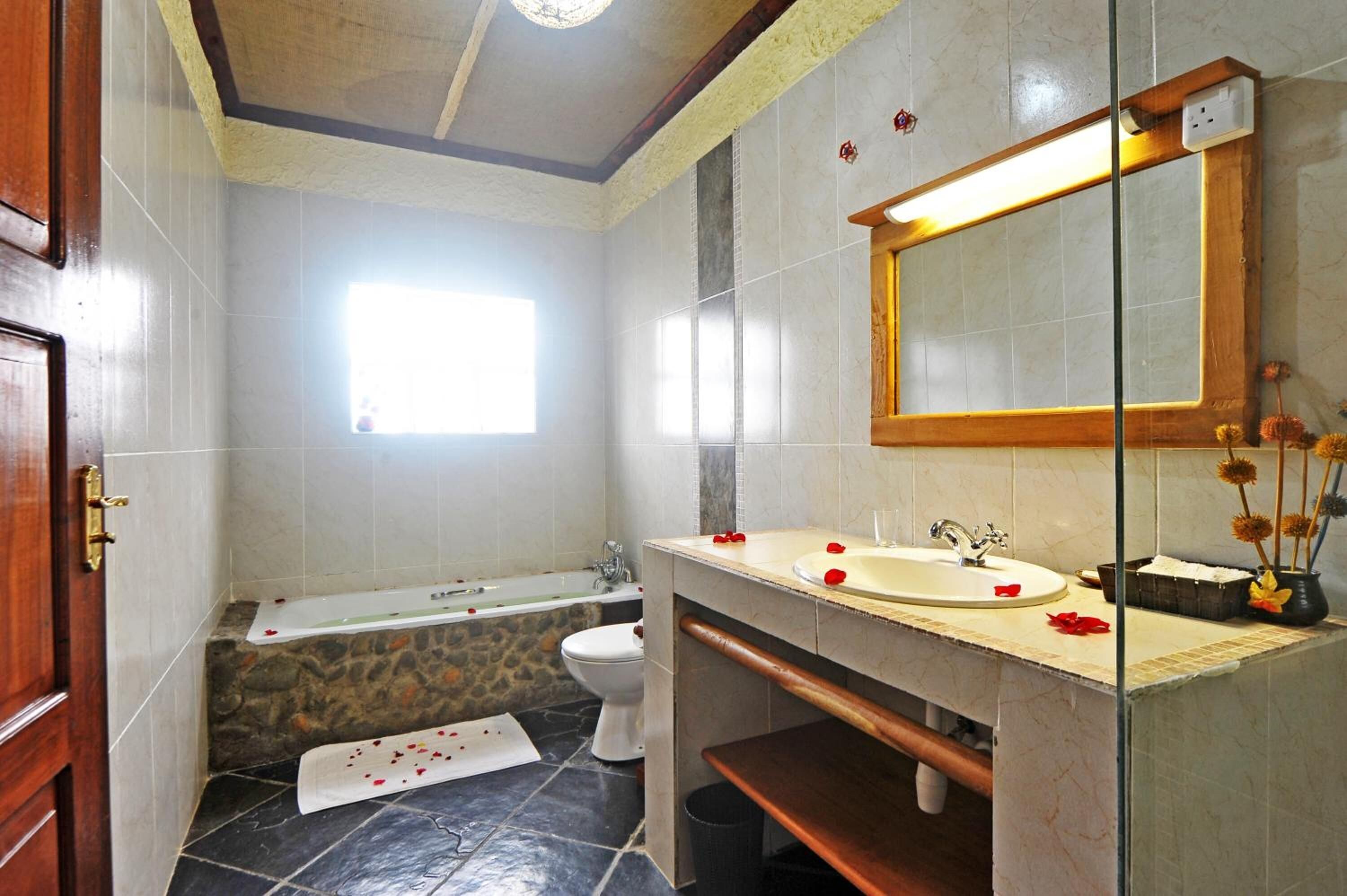 Shower, free toiletries, hair dryer, bathrobes