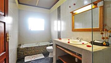 Shower, free toiletries, hair dryer, bathrobes