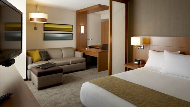 Ein Hotelzimmer mit einem Bett, einem Schreibtisch, einem Sofa, einem Fernseher und einem Spiegel.