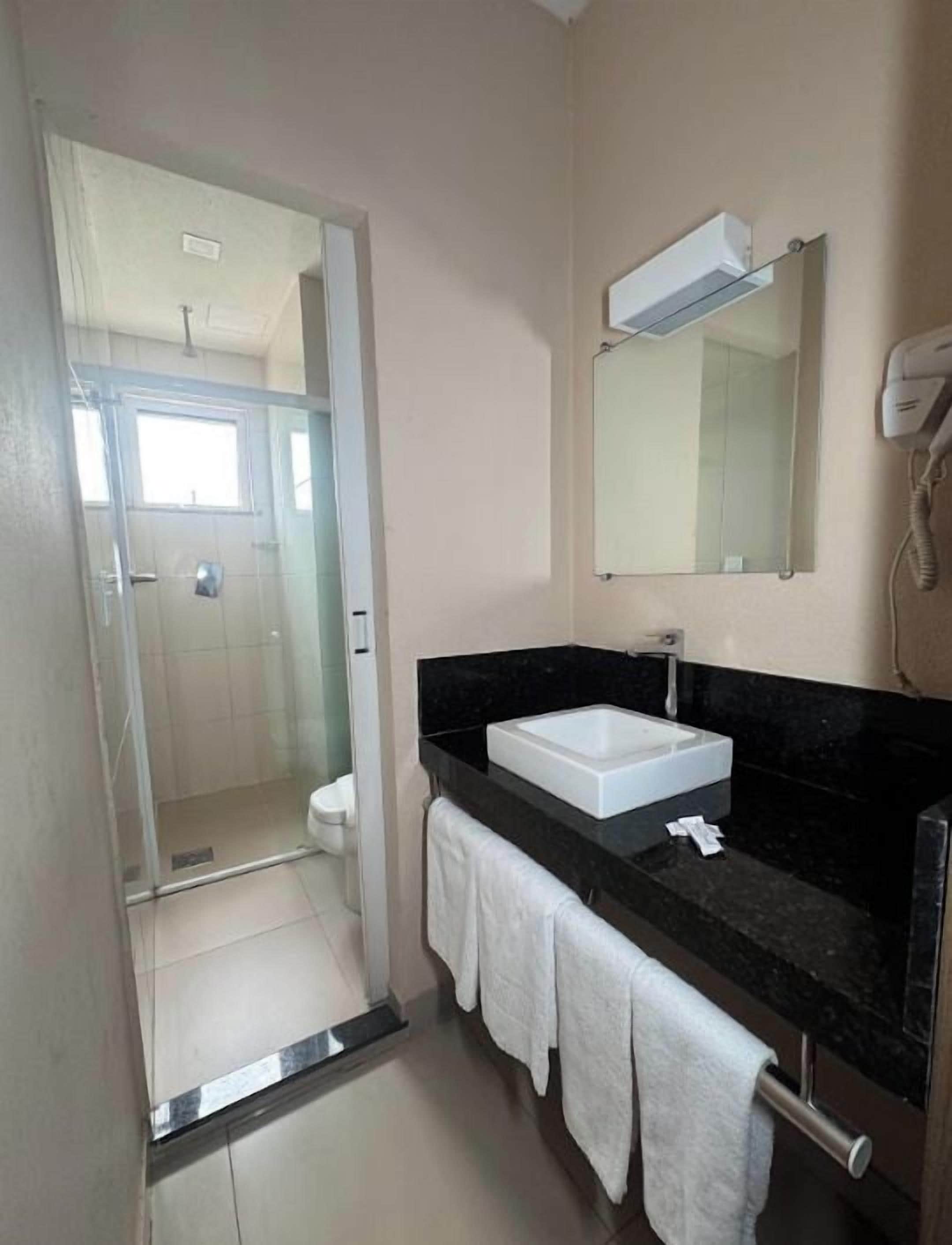 A bathroom with a glass shower enclosure, a white sink, a black countertop, a mirror, and a hairdryer on the wall.