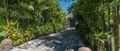 Un sendero pavimentado bordeado por exuberante vegetación tropical que conduce a un edificio con techo de paja.