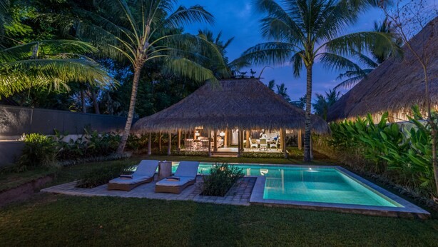 Zona junto a la piscina con sillones de descanso, una estructura de techo de paja y una piscina rodeada de palmeras.