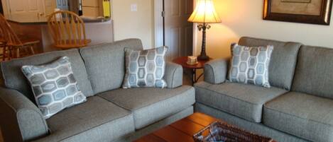 Flat-screen TV, fireplace