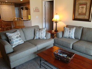 Flat-screen TV, fireplace