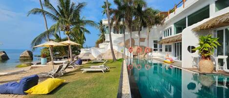 Outdoor pool, pool umbrellas, pool loungers