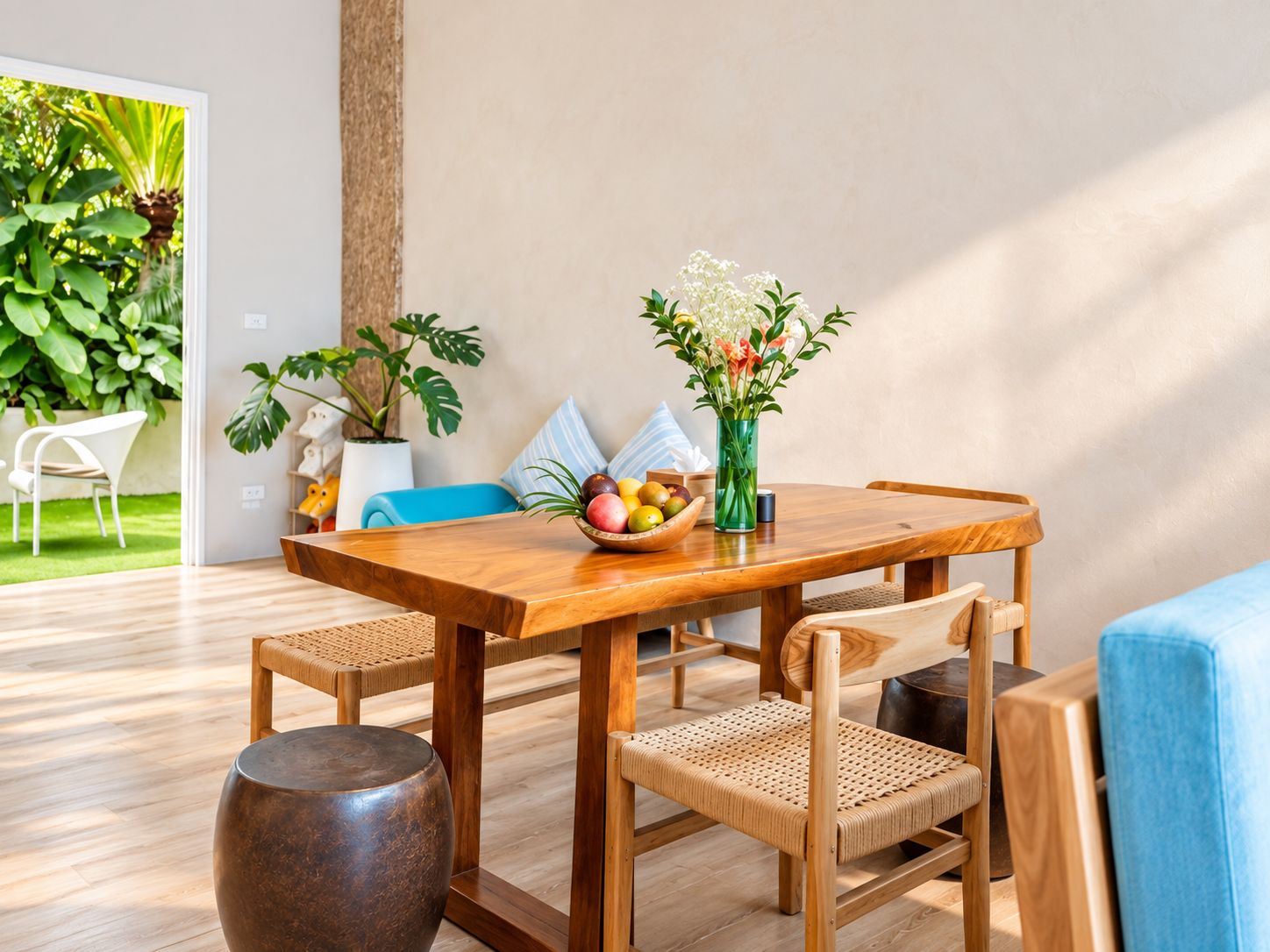 A modern dining area with a wooden table, woven chairs, and a bowl of fruit.