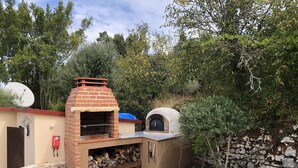 Un forno in mattoni all'aperto e un muro in pietra con una piccola pianta in vaso.