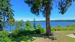 On peut voir clairement un lac, avec un grand arbre au premier plan et un panneau indiquant un espace de pique-nique.