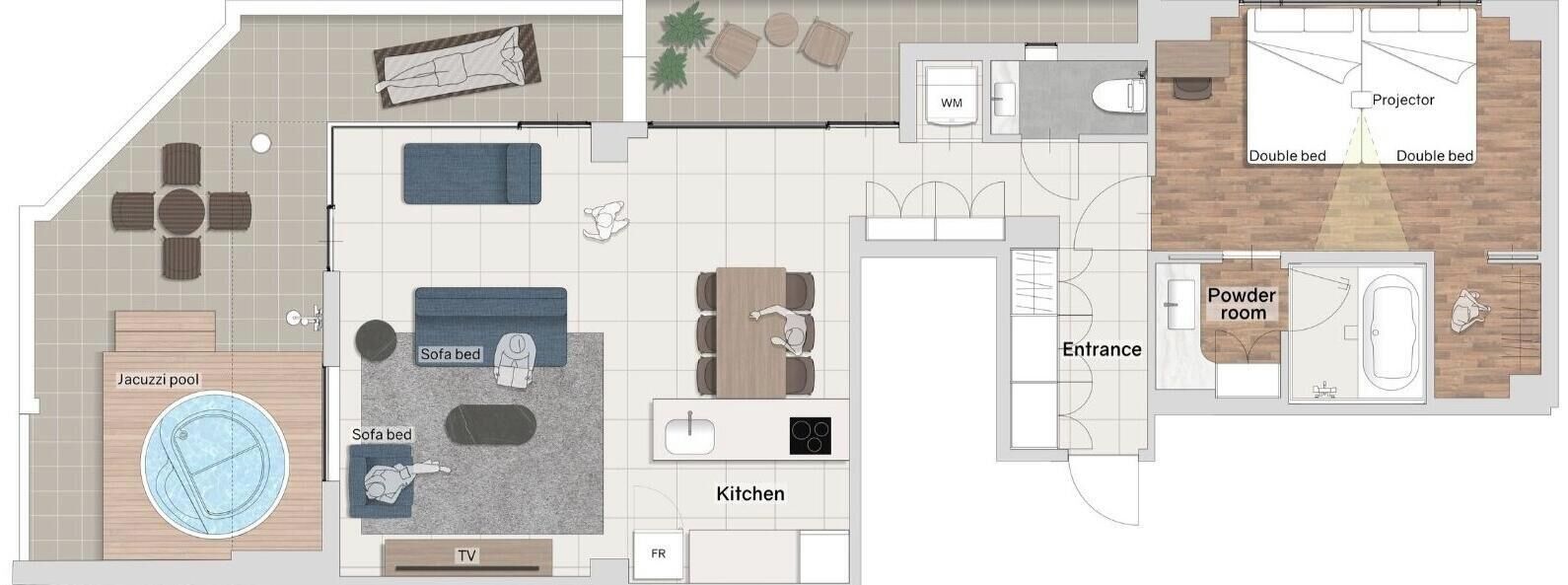 A hotel layout with a living room, sofa bed, TV, kitchen, powder room, and jacuzzi pool.