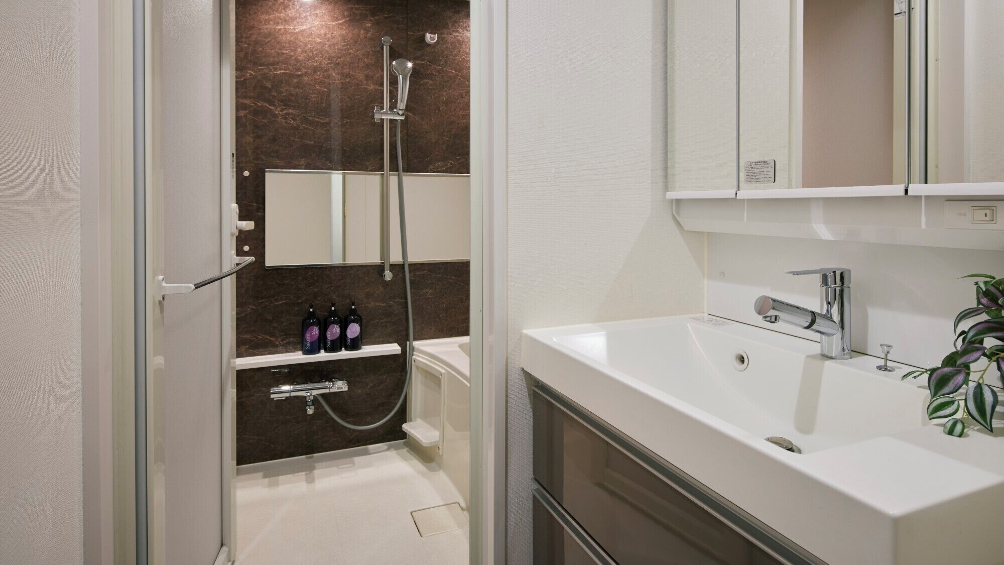 A modern bathroom with a shower, a sink, and a mirror.