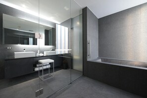 Separate bathtub and shower, deep-soaking bathtub, rainfall showerhead