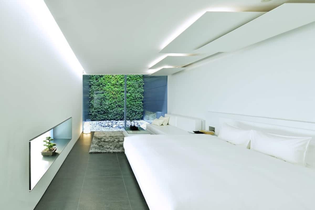 A modern bedroom with a large bed, a TV mounted on the wall, and a view of greenery through a glass door.