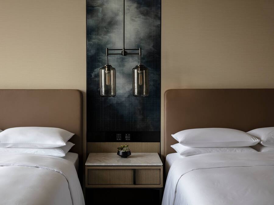 Una habitación de hotel con dos camas, una mesita de noche con una planta y una lámpara fijada a la pared.