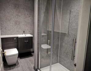 Shower, hair dryer, towels, toilet paper