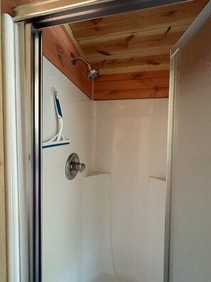 Shower, towels, soap, toilet paper