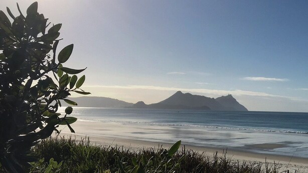 A beach with clear skies, calm water, and distant mountains.