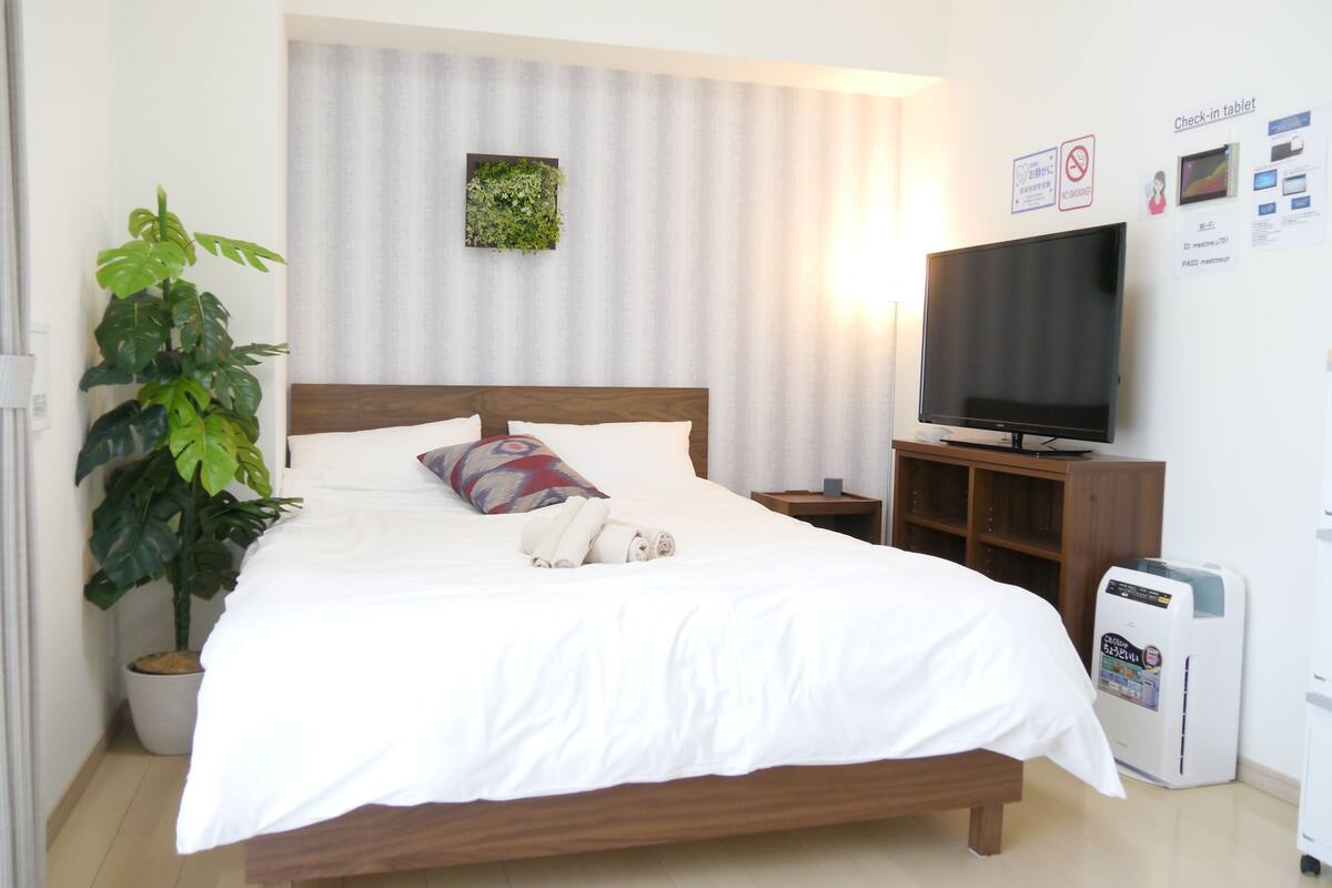 Ett hotellrum med en säng, en tv, en värmare och en krukväxt.