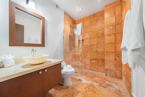 Regadera, secadora de cabello, toallas, papel de baño 