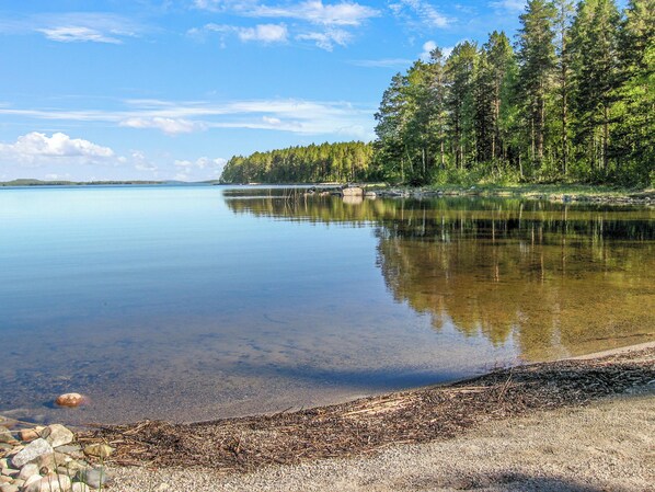 A calm lake with a forested shoreline and a clear sky.