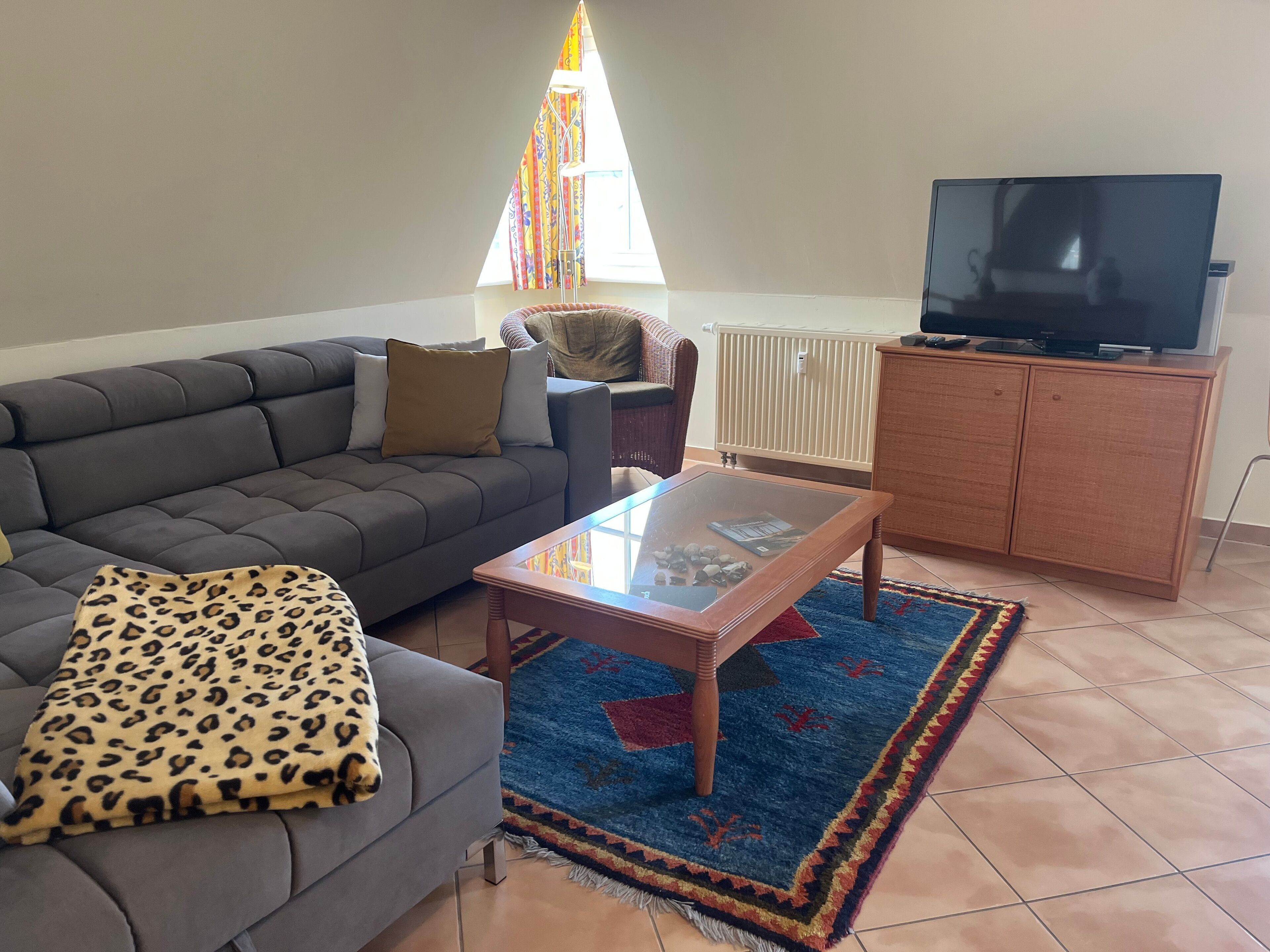 Un salon avec un canapé, une table basse en verre, un téléviseur posé sur un meuble en bois et un tapis coloré.