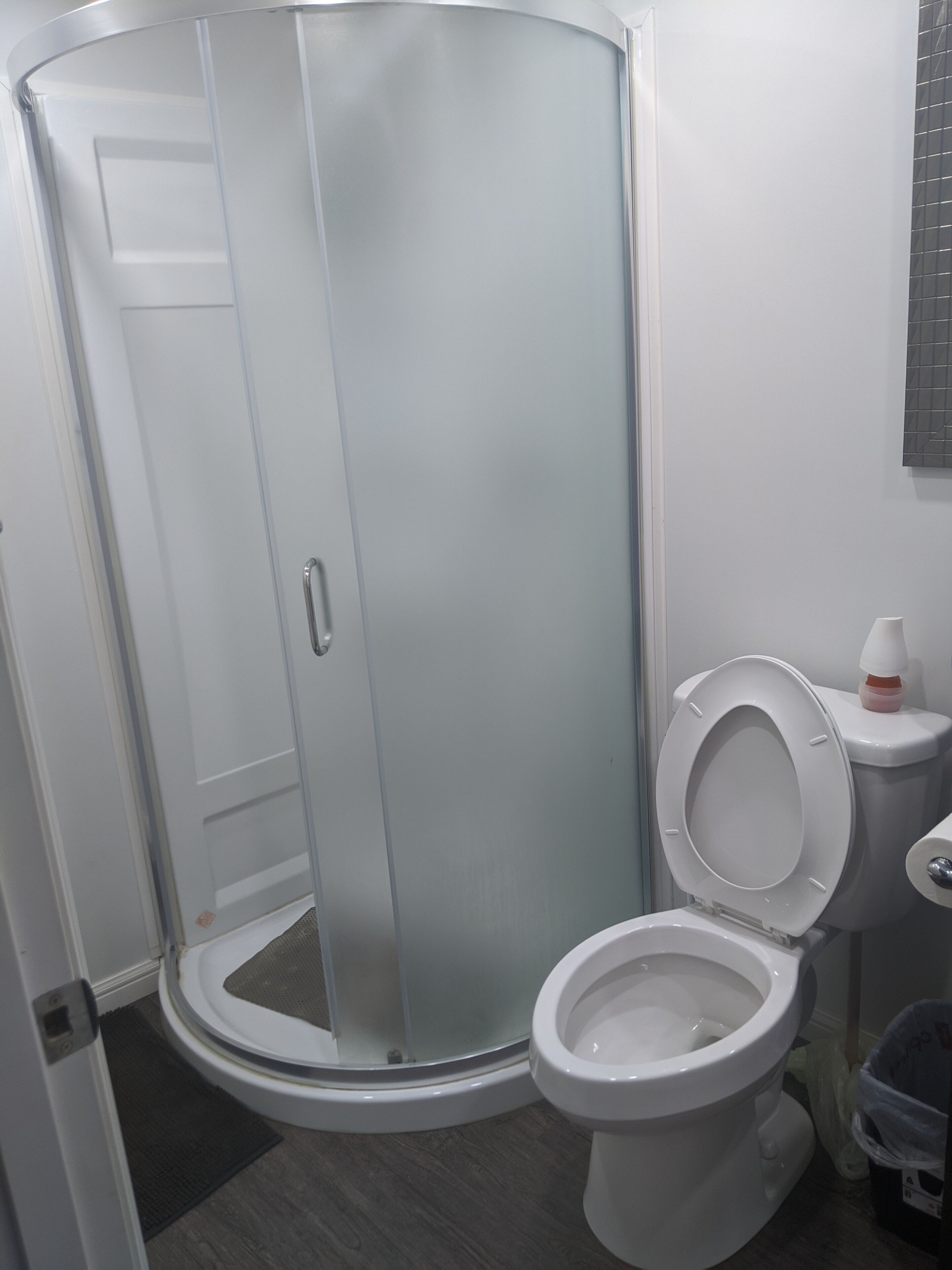 Ein Badezimmer mit einer gläsernen Duschkabine, Toilette und Mülleimer.
