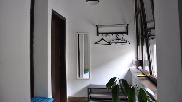 Een hal met een hanglamp, kapstok, spiegel en een raam met een plant op de vensterbank.