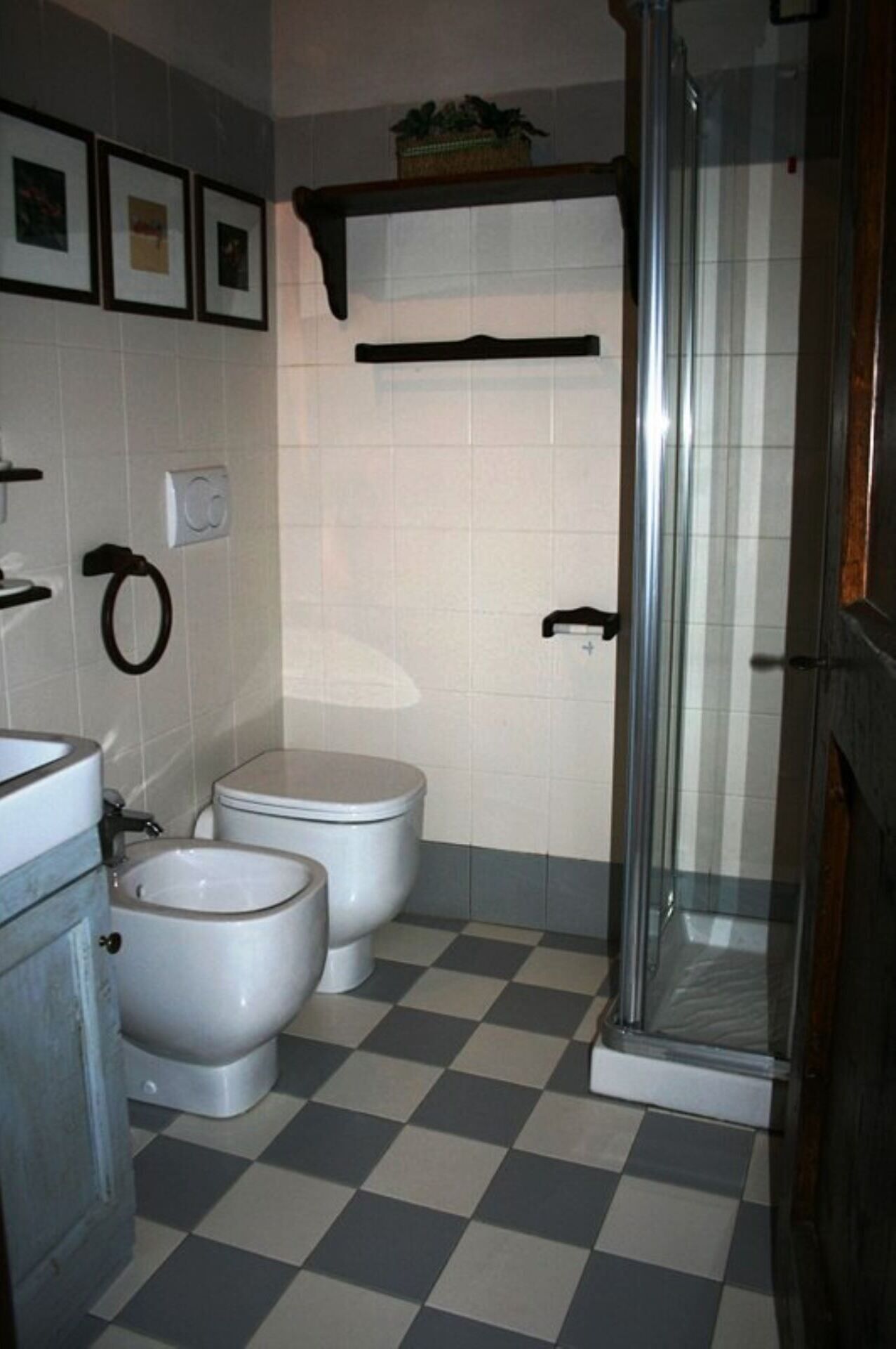Baño con dos inodoros, un lavabo y zona de ducha.