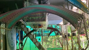 A staircase with a green wall and a patterned floor, leading to a higher level. - Paraisoverde -Corcovado (DrakeBay)